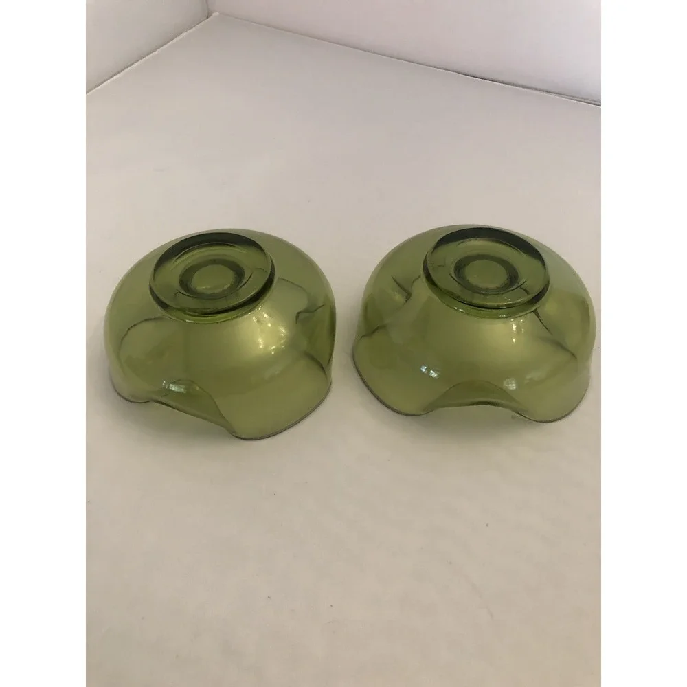 2 Vintage Avocado Green Art Ruffled Wavy‎ Glass Bowl Dish Taper Candle Holders